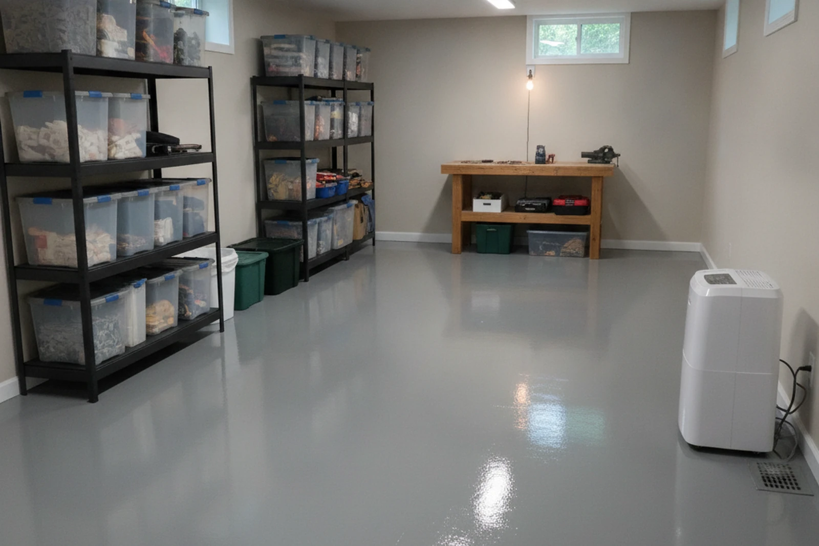 Basement epoxy flooring solid color Keene New Hampshire Cheshire County dust-free concrete coating Monadnock region residential