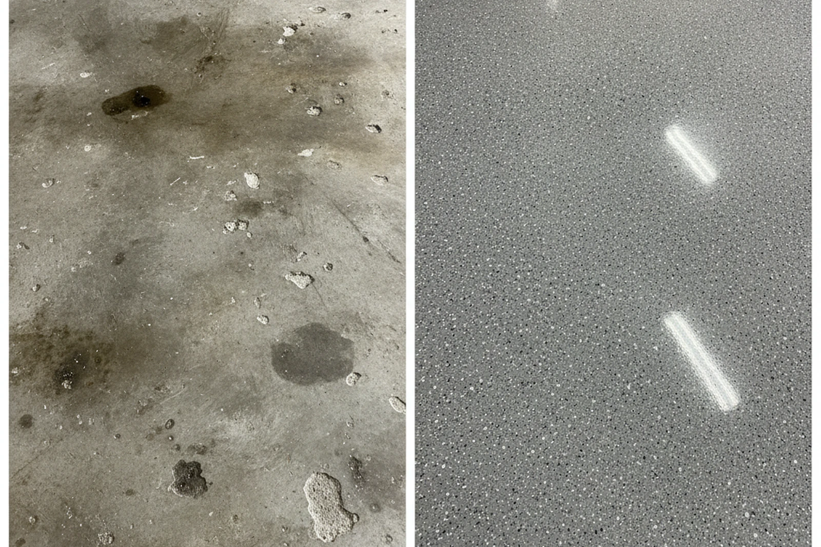 Garage floor epoxy before and after Keene New Hampshire Cheshire County salt damage diamond ground flake finish transformation