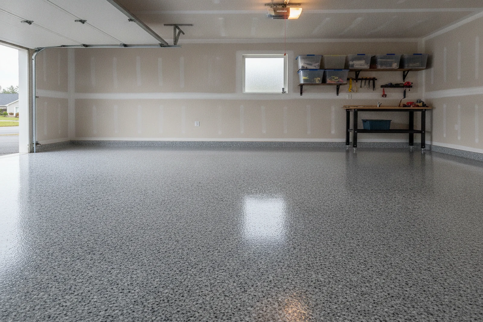 Finished epoxy garage floor Keene New Hampshire Cheshire County glossy smooth flake coating residential