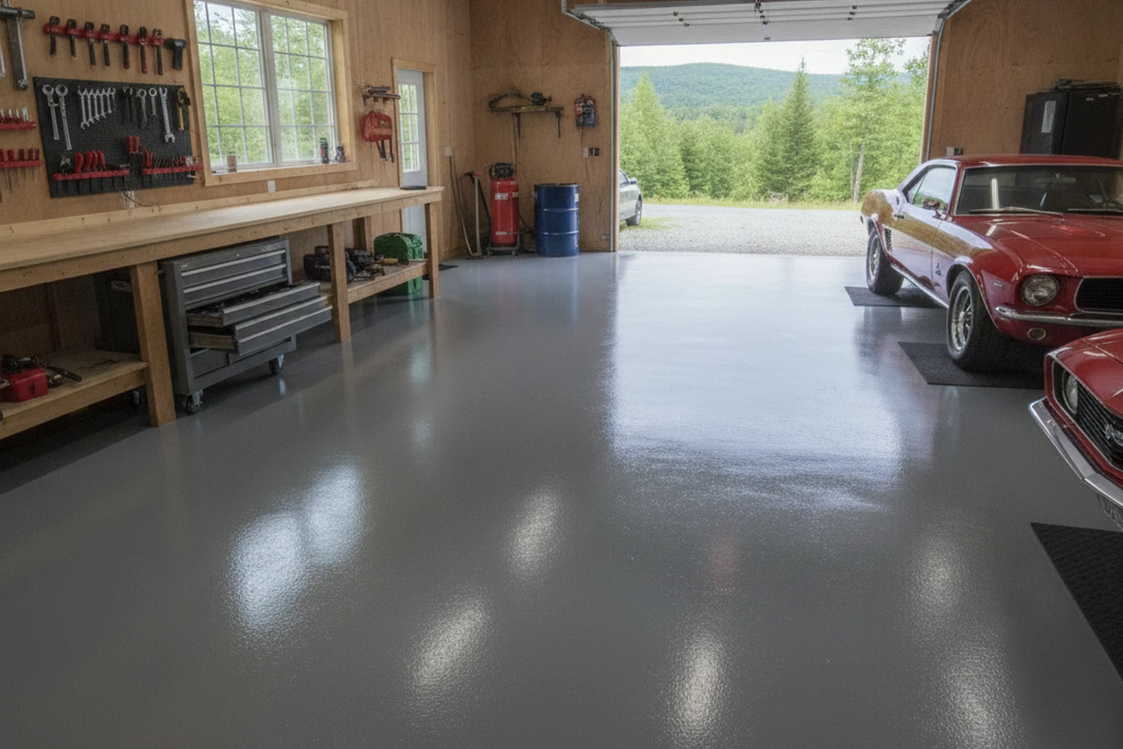 Workshop garage epoxy floor solid color Keene New Hampshire Cheshire County polyurethane topcoat durable salt resistant Monadnock